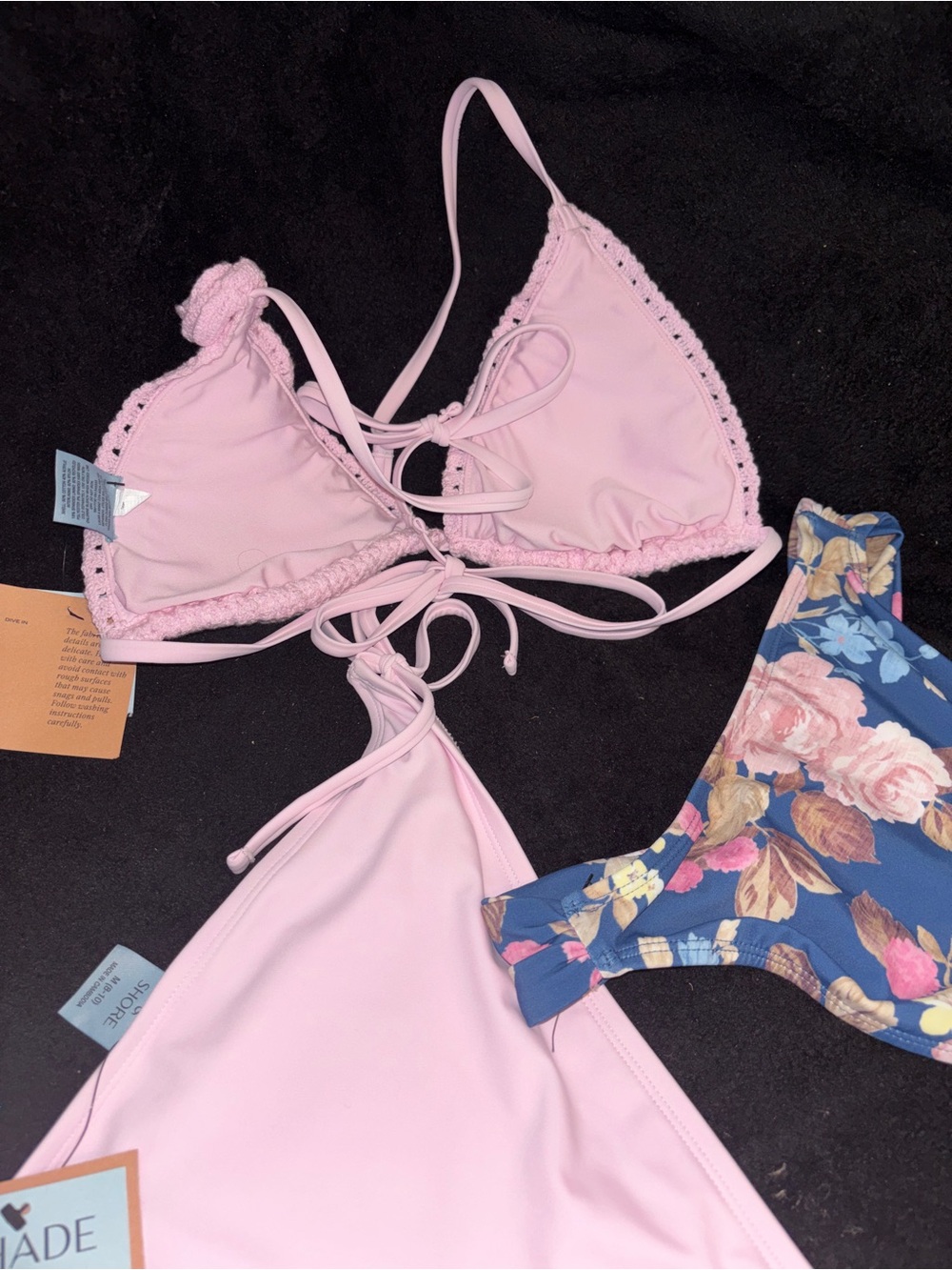 Shade & Shore Pink Crochet Triangle Bikini Top with Blue Floral Bottom Set